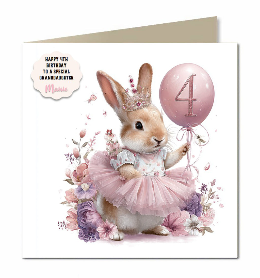 4th Birthday Card Girls Granddaughter Niece Daughter Princess Bunny Rabbit