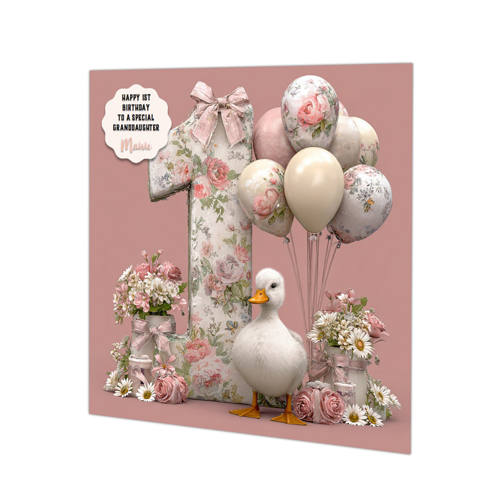 Personalised 1st Birthday Card - Duck with Flowers and a Birthday Number