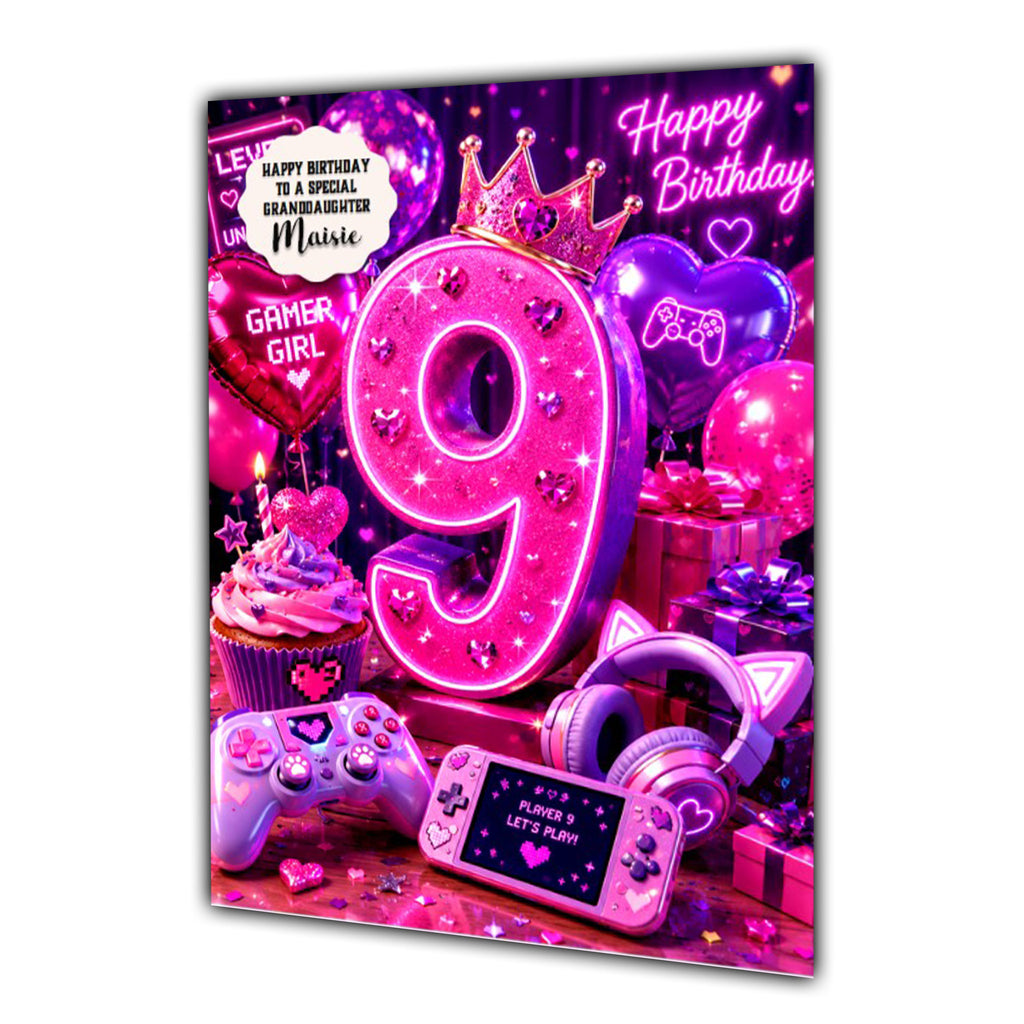 9th Birthday Card Gamer Gaming Girl Granddaughter Daughter Large A5 Size