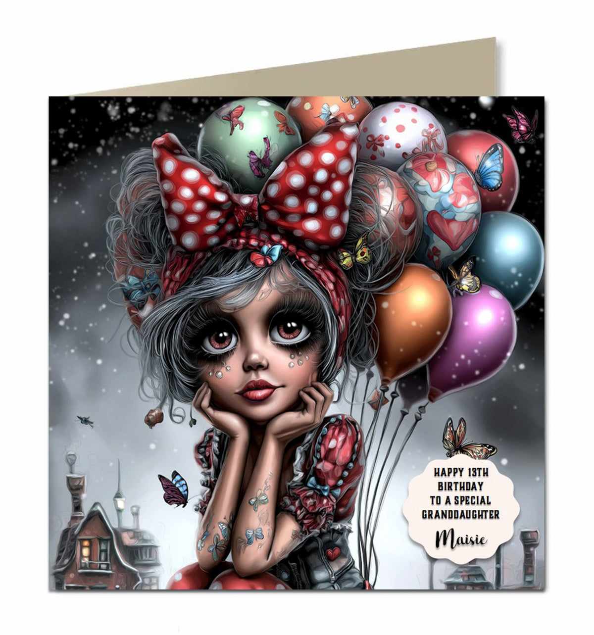 Personalised 17th Birthday Card - Gothic Girl with Balloons