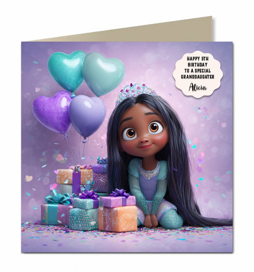 Personalised Birthday Card Girls Granddaughter Daughter Niece Princess Black Hair