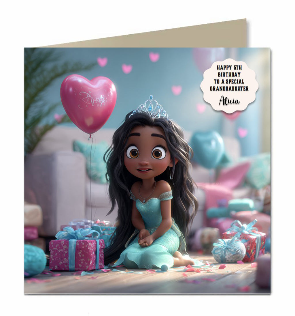 Personalised Birthday Card Girls Granddaughter Daughter Niece Princess Black Hair
