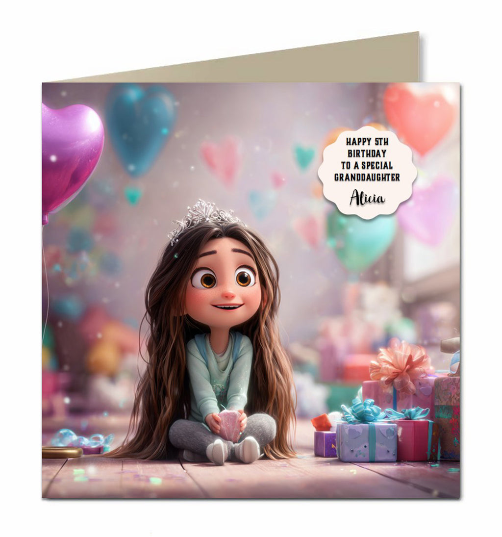 Personalised Birthday Card Girls Granddaughter Daughter Niece Princess Brown Hair
