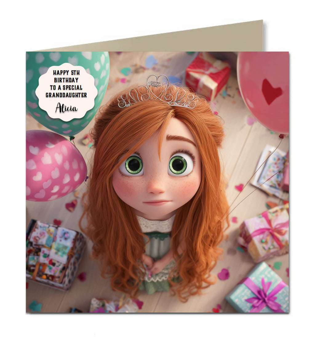 Personalised Birthday Card Girls Granddaughter Daughter Niece Princess Ginger Hair