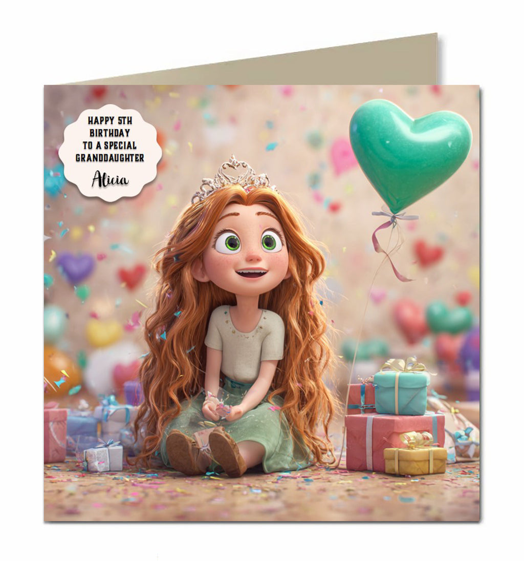 Birthday Card For Girls Daughter, Niece, Princess Ginger Hair Personalised