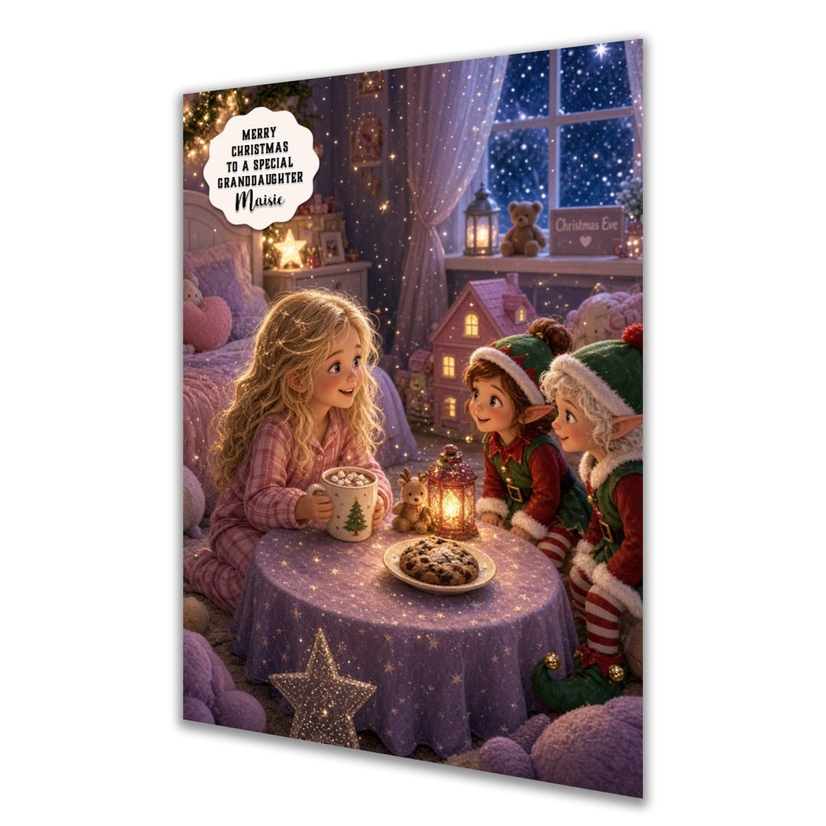 Personalised Christmas Card - Girl Sharing Hot Chocolate with Elves