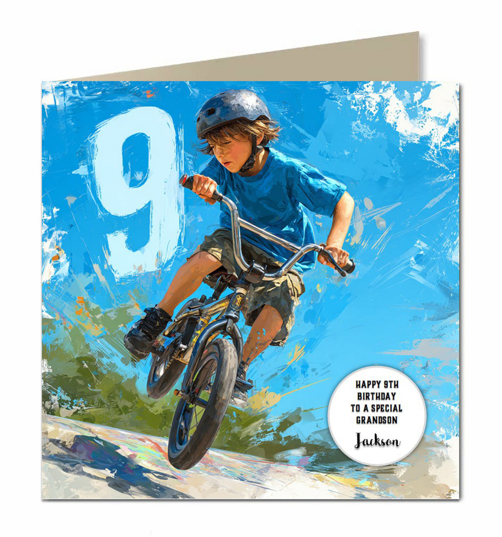9th BMX Bike Birthday Card for Boys Personalised Grandson, Son, Nephew