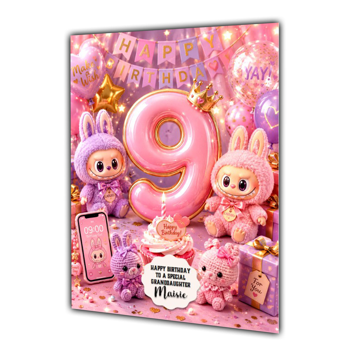 9th Birthday Card Plush Toys Girl Granddaughter Daughter Large A5 Size