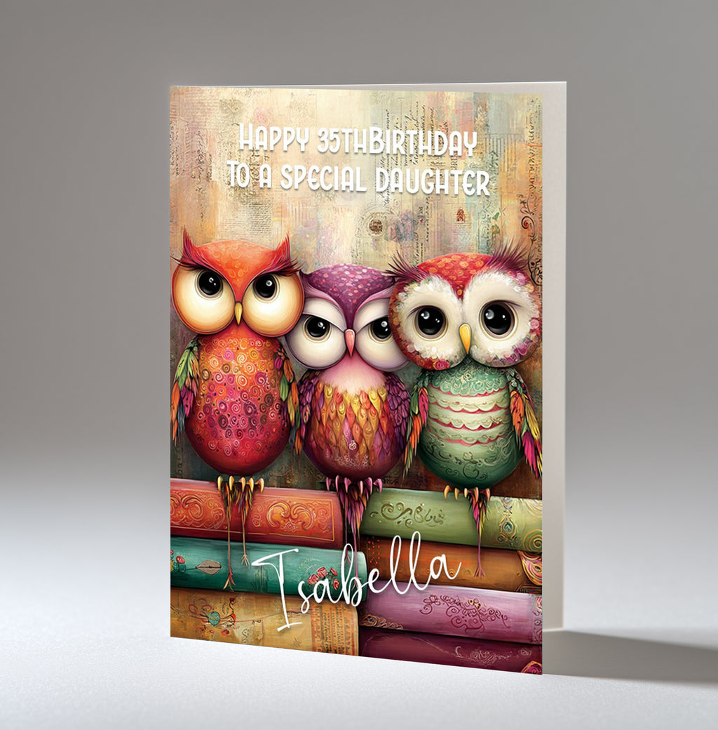 Personalised Birthday Card - Colourful Owls on Books