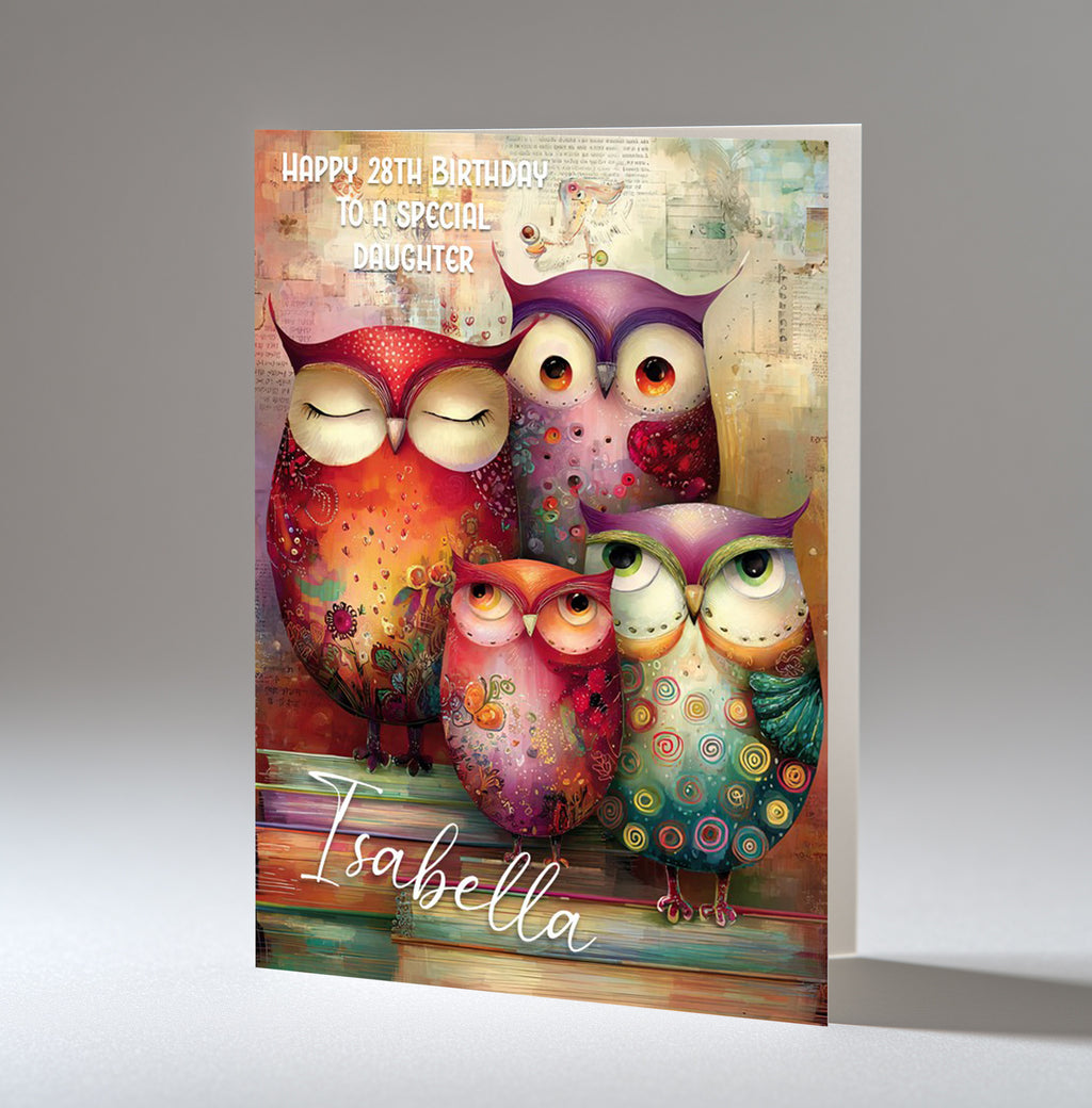 Personalised Birthday Card - Colourful Owls on Books