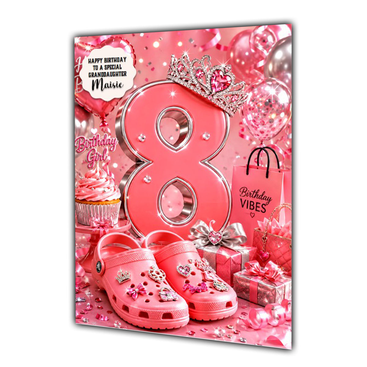 8th Birthday Card Crocs Girl Granddaughter Daughter Large A5 Size