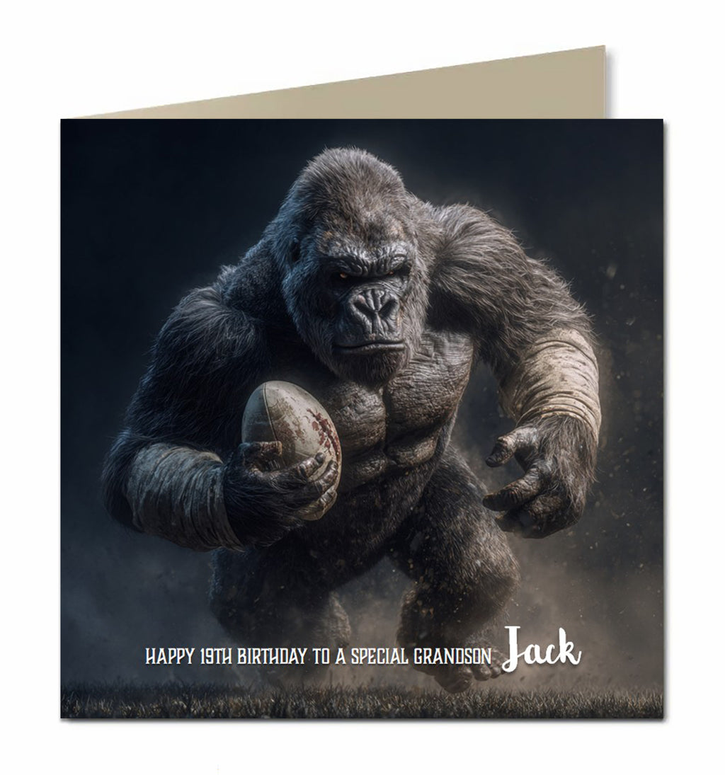 Rugby Birthday Card Personalised, Son, Grandson, Husband, Dad, Gorilla