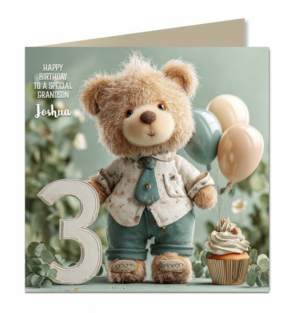 3rd Birthday Card Boys Personalised Teddy in a Suit Grandson Nephew Godson