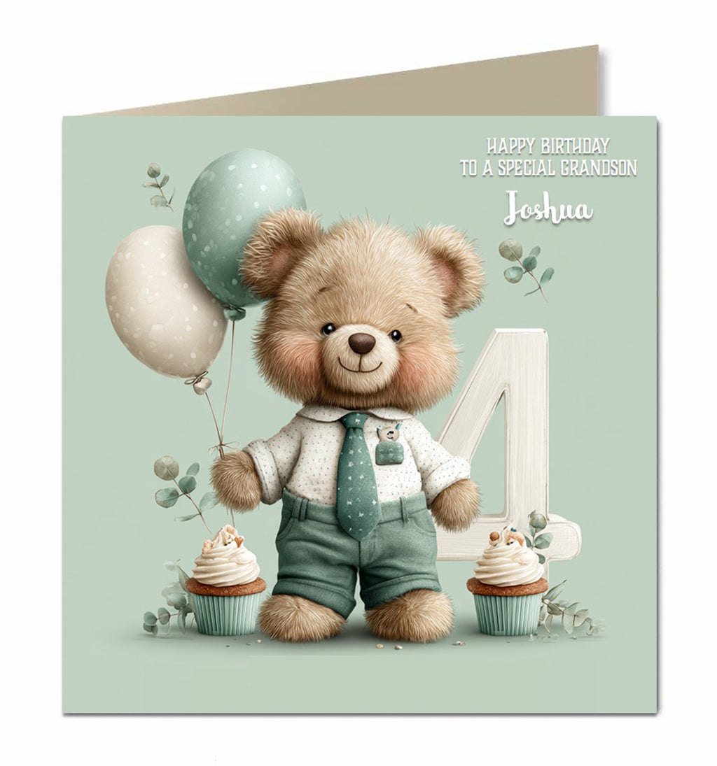4th Birthday Card Boys Personalised Teddy in a Suit Grandson Nephew Godson