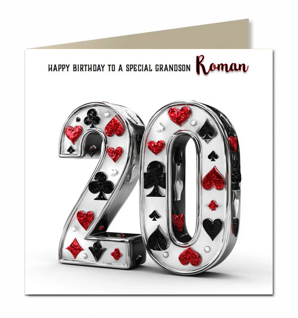 20th Poker Birthday Card for Men Personalised, Grandson, Son, Nephew,