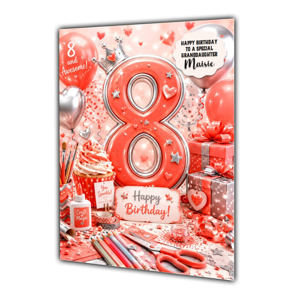 8th Birthday Card Arts & Crafts Girl Granddaughter Daughter Large A5 Size