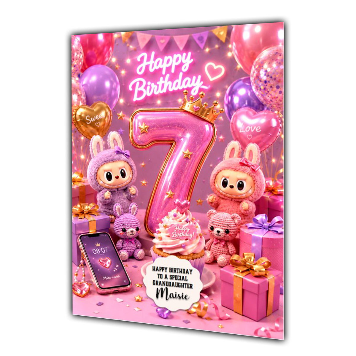 7th Birthday Card Plush Toy Girl Granddaughter Daughter Large A5 Size