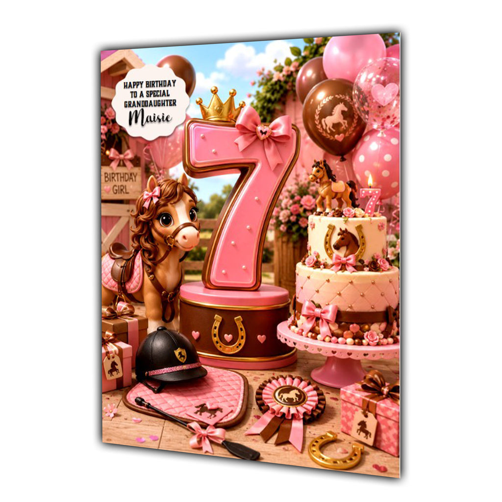 7th Birthday Card Horse Riding Girl Granddaughter Daughter  Large A5 Size