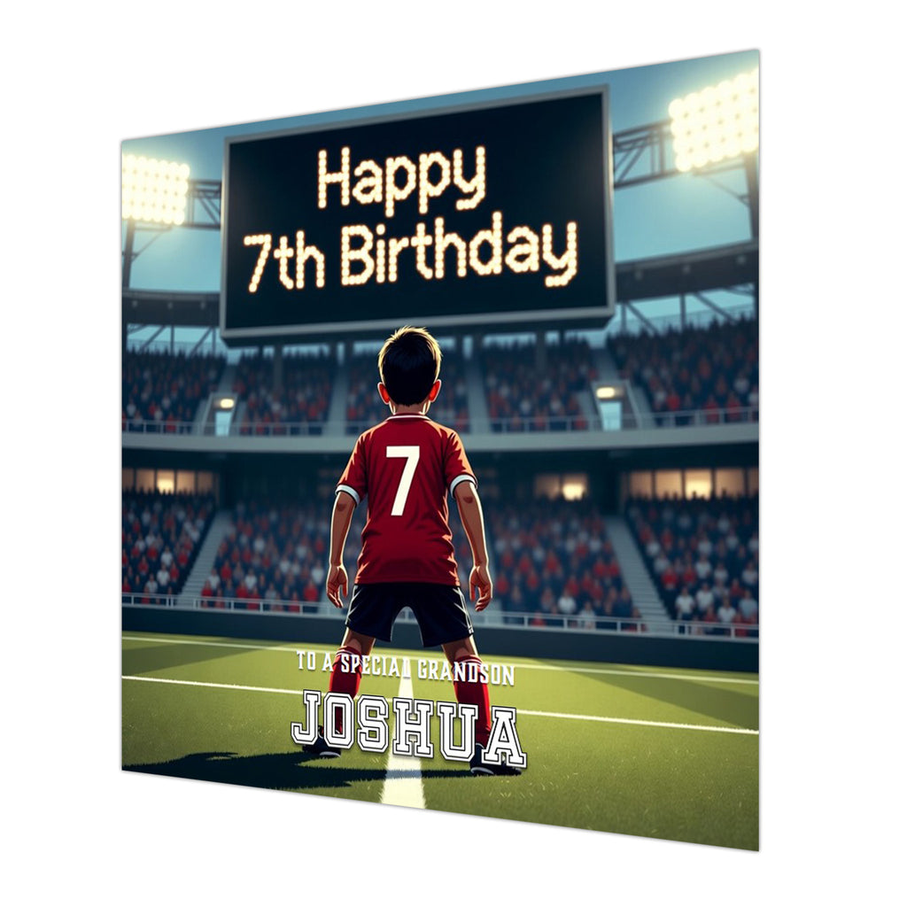7th Birthday Card for Boys Personalised, Grandson, Son, Football Red