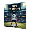Personalised 7th Birthday Card - Boy in White Football Kit at a Stadium
