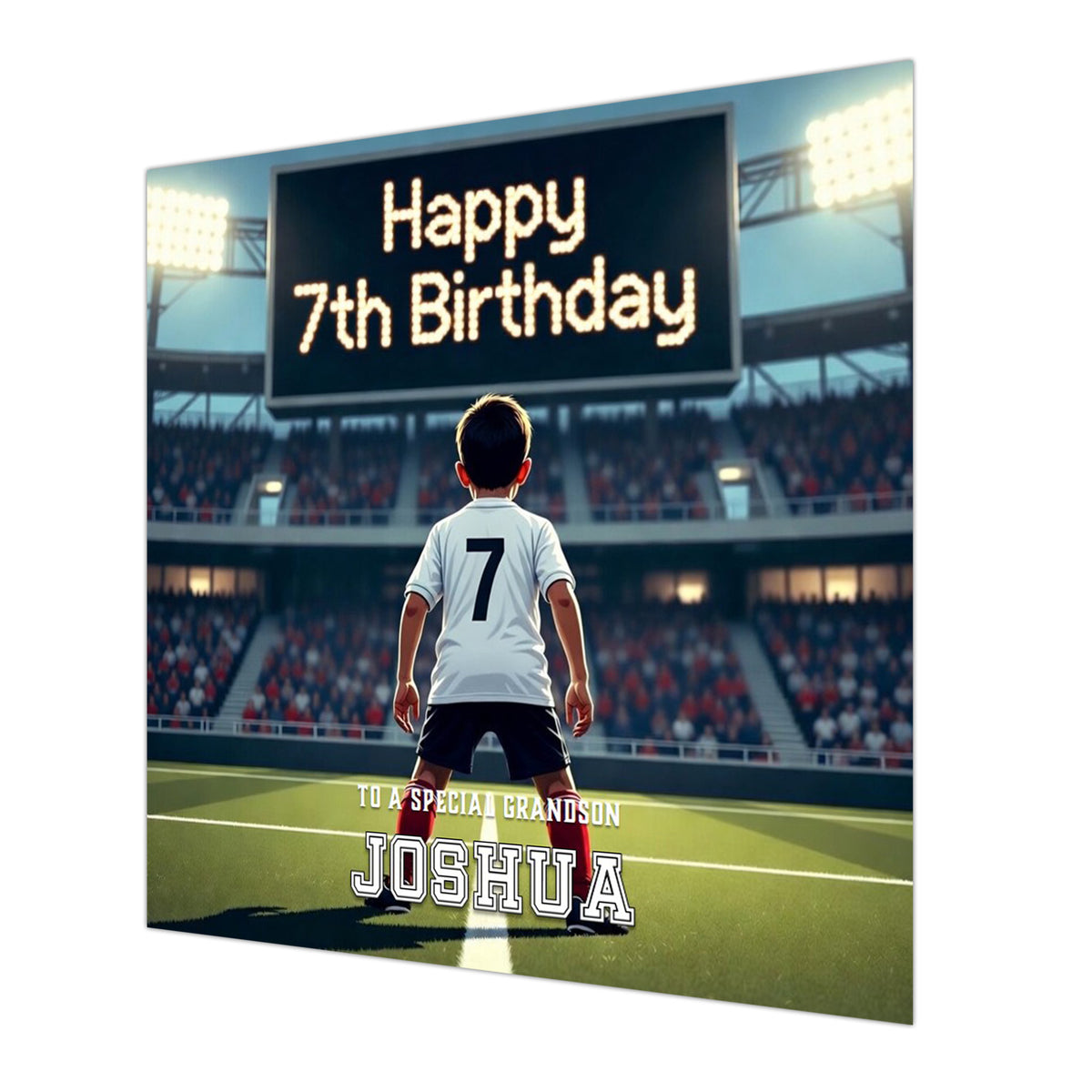 Personalised 7th Birthday Card - Boy in White Football Kit at a Stadium