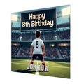 Personalised 8th Birthday Card - Boy in White Football Kit at a Stadium