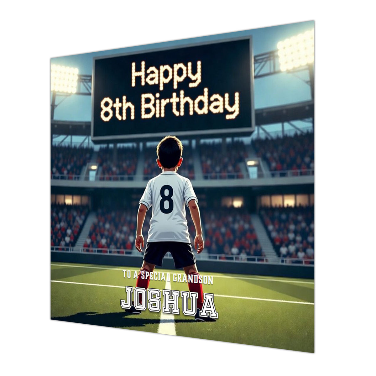 Personalised 8th Birthday Card - Boy in White Football Kit at a Stadium