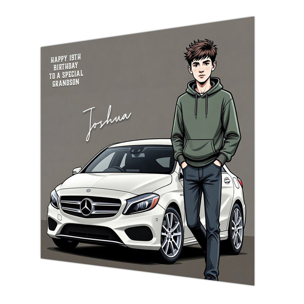 Personalised 19th Birthday Card - Young Man with a White Car