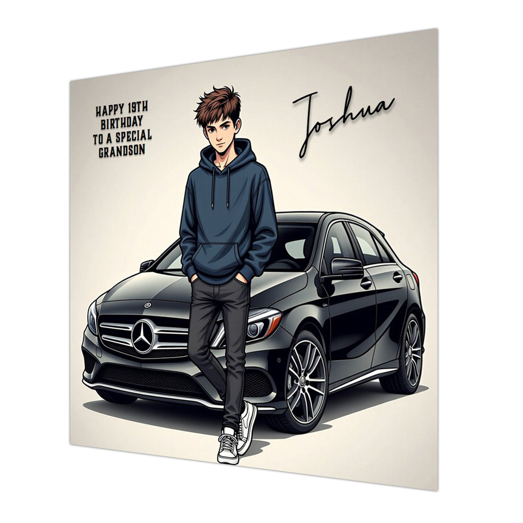 Personalised 19th Birthday Card - Young Man with a Black Car