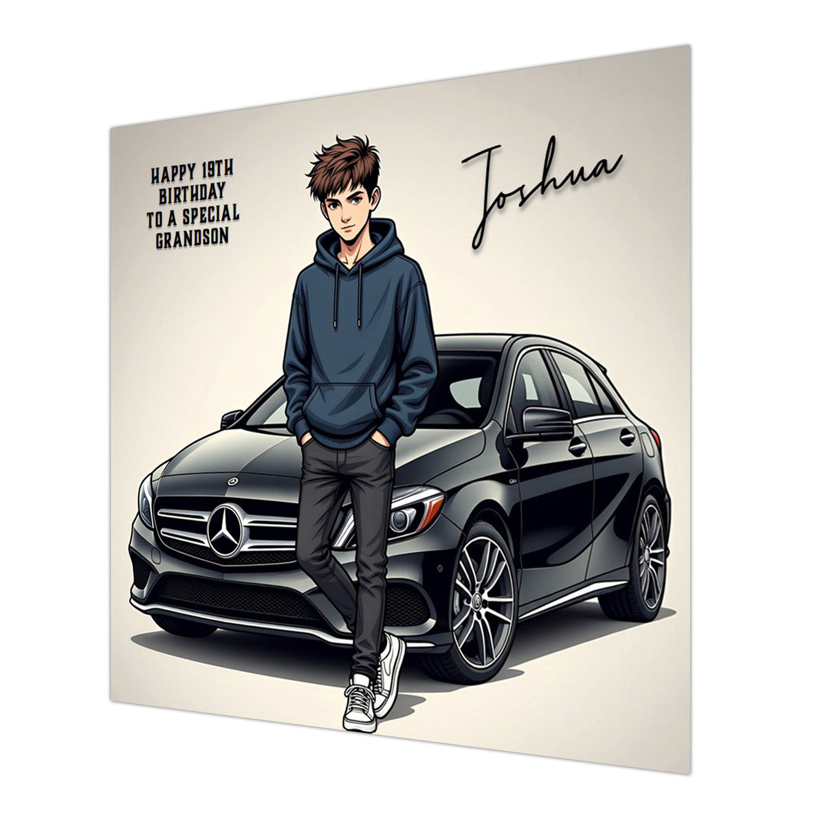 Personalised 19th Birthday Card - Young Man with a Black Car