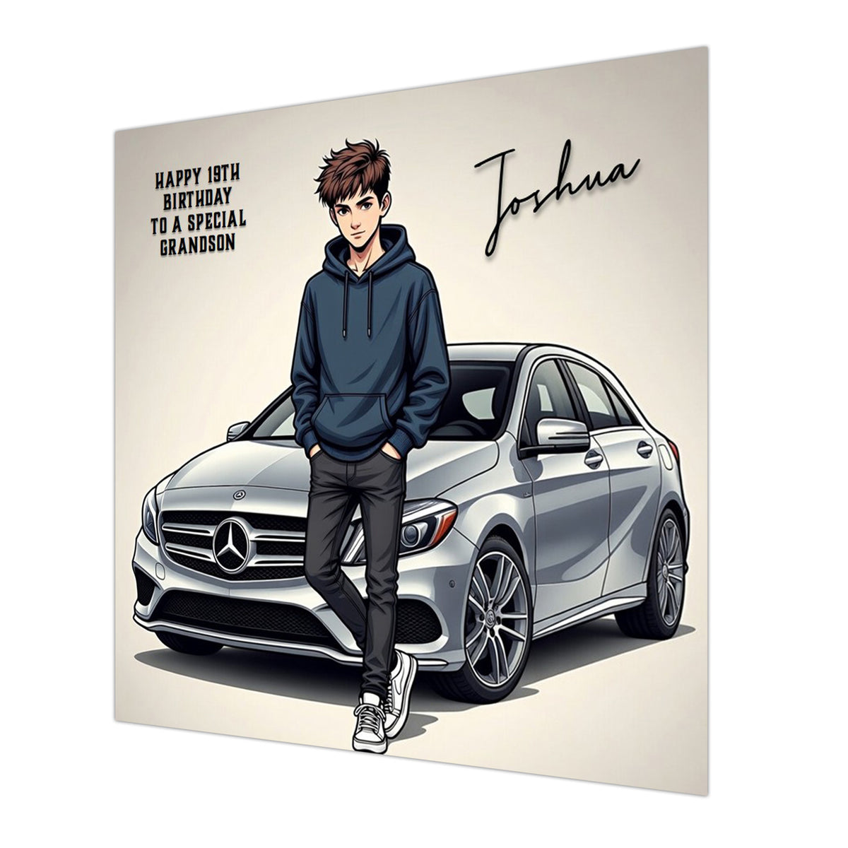 Personalised 19th Birthday Card - Young Man with a Silver Car