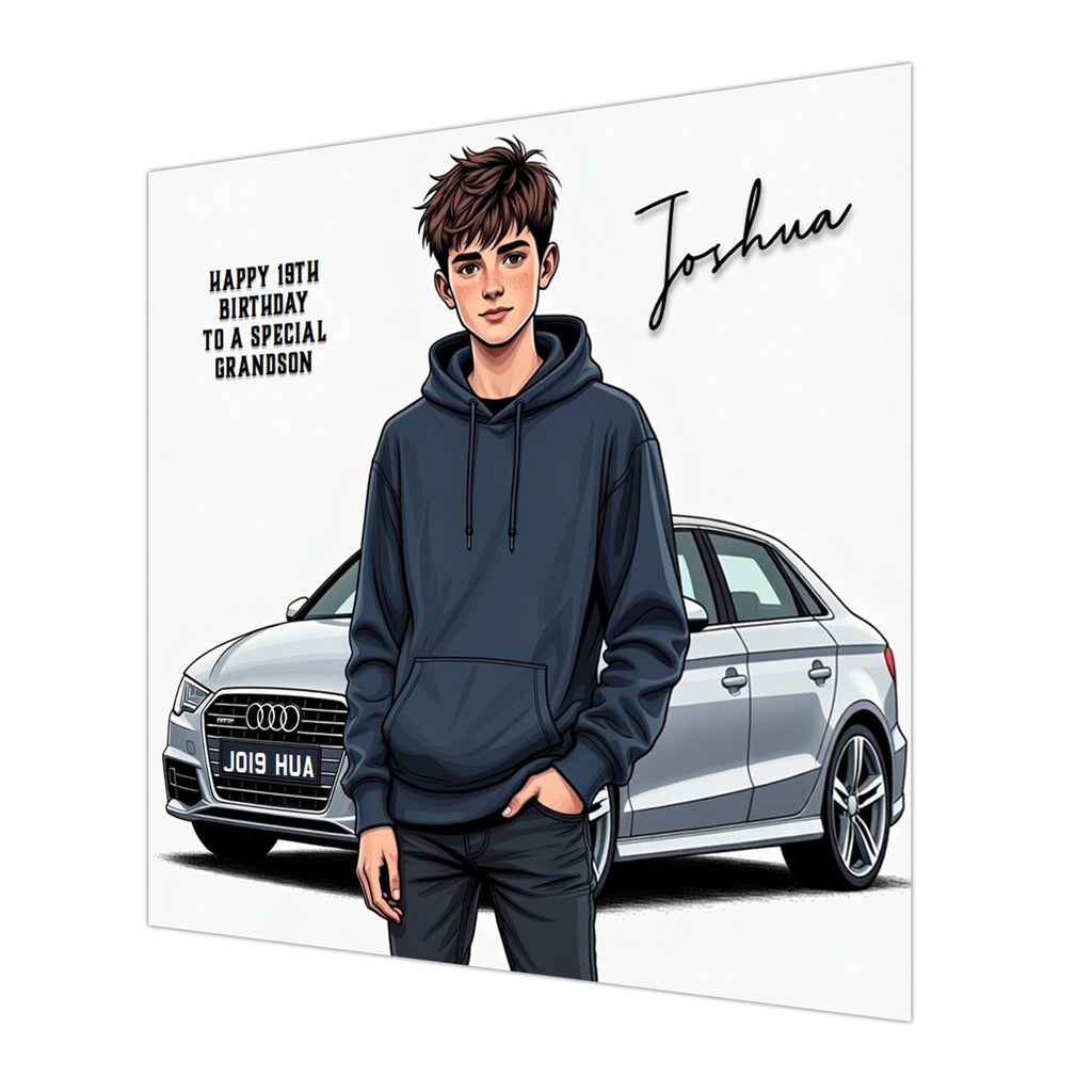 Personalised 19th Birthday Card - Young Man with a Silver Car