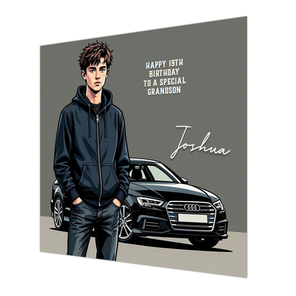 Personalised 19th Birthday Card - Young Man with a Black Car