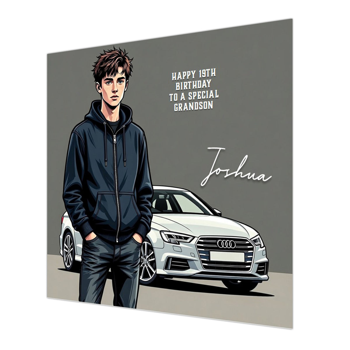 Personalised 19th Birthday Card - Young Man with a Silver Car