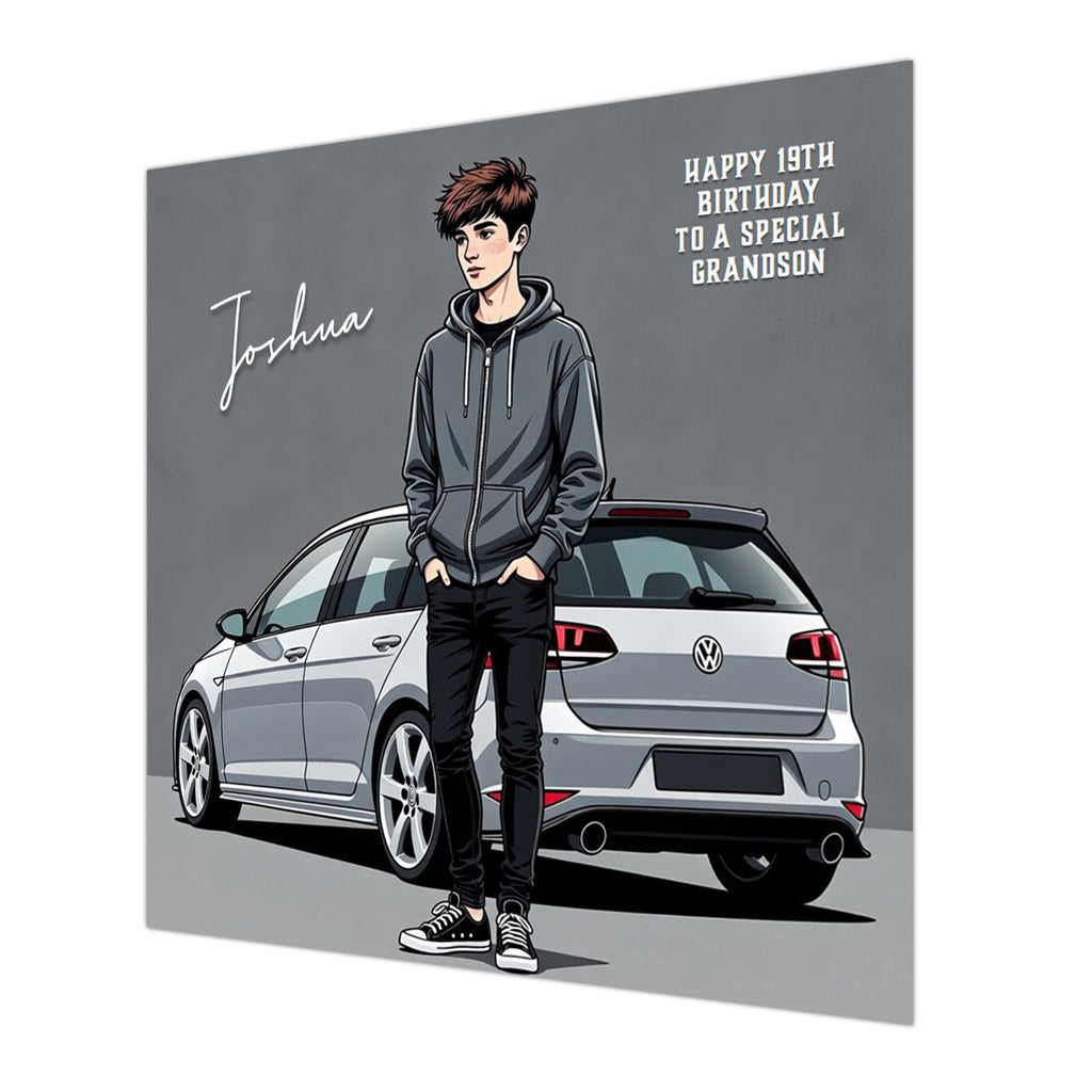 Personalised 19th Birthday Card - Young Man with a Silver Car