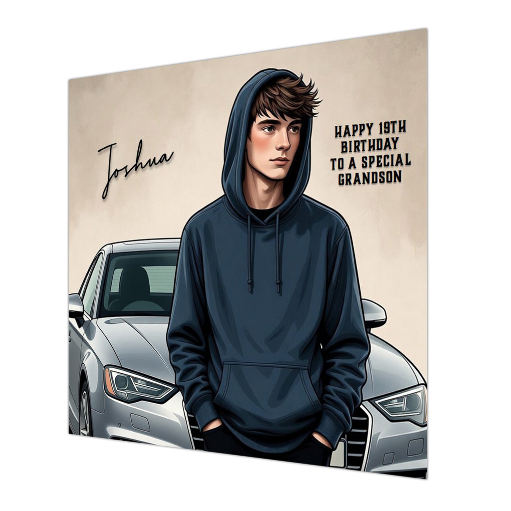Car Birthday Card for Boys, Grandson, Son, Nephew, Teenager, Driving, Personalised, 15cm x 15cm, Blank Inside, with White Envelope