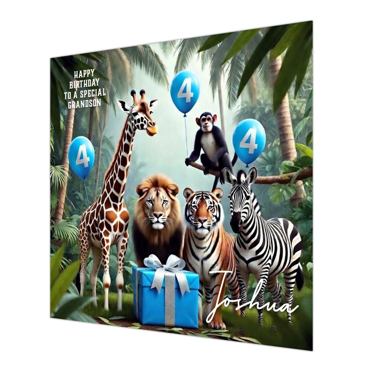 Personalised 4th Birthday Card - Safari Animals with Balloons