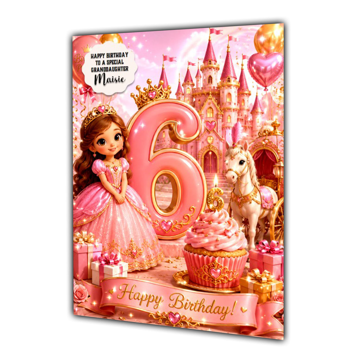 6th Birthday Card Princess Girl Granddaughter Daughter Niece Large A5 Size