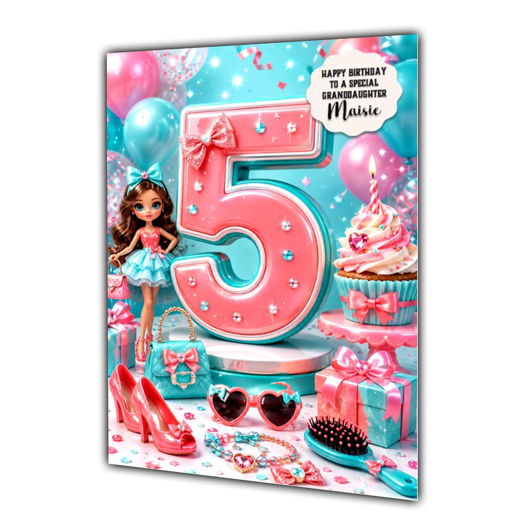5th Birthday Card Doll Girl Granddaughter Daughter Niece Large A5 Size
