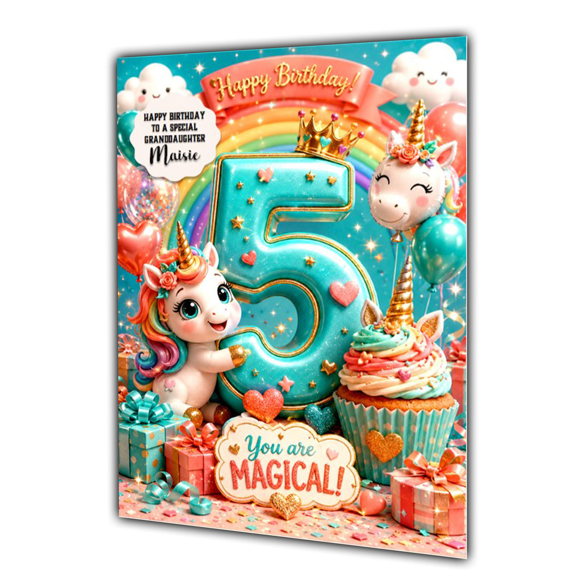 5th Birthday Card Unicorn Girl Granddaughter Daughter Niece Large A5 Size