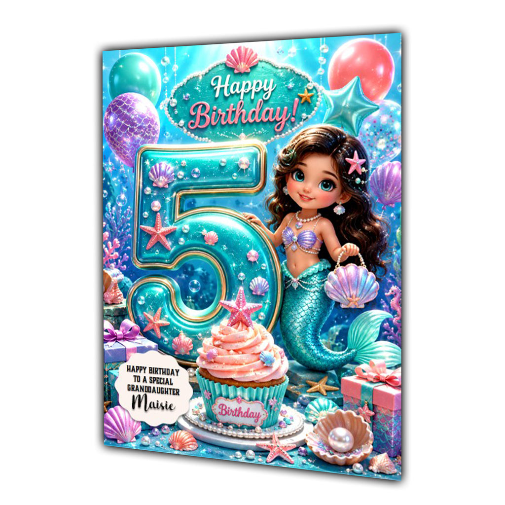 5th Birthday Card For Girls, Daughter, Granddaughter, Niece, Sister, Mermaid Girl,