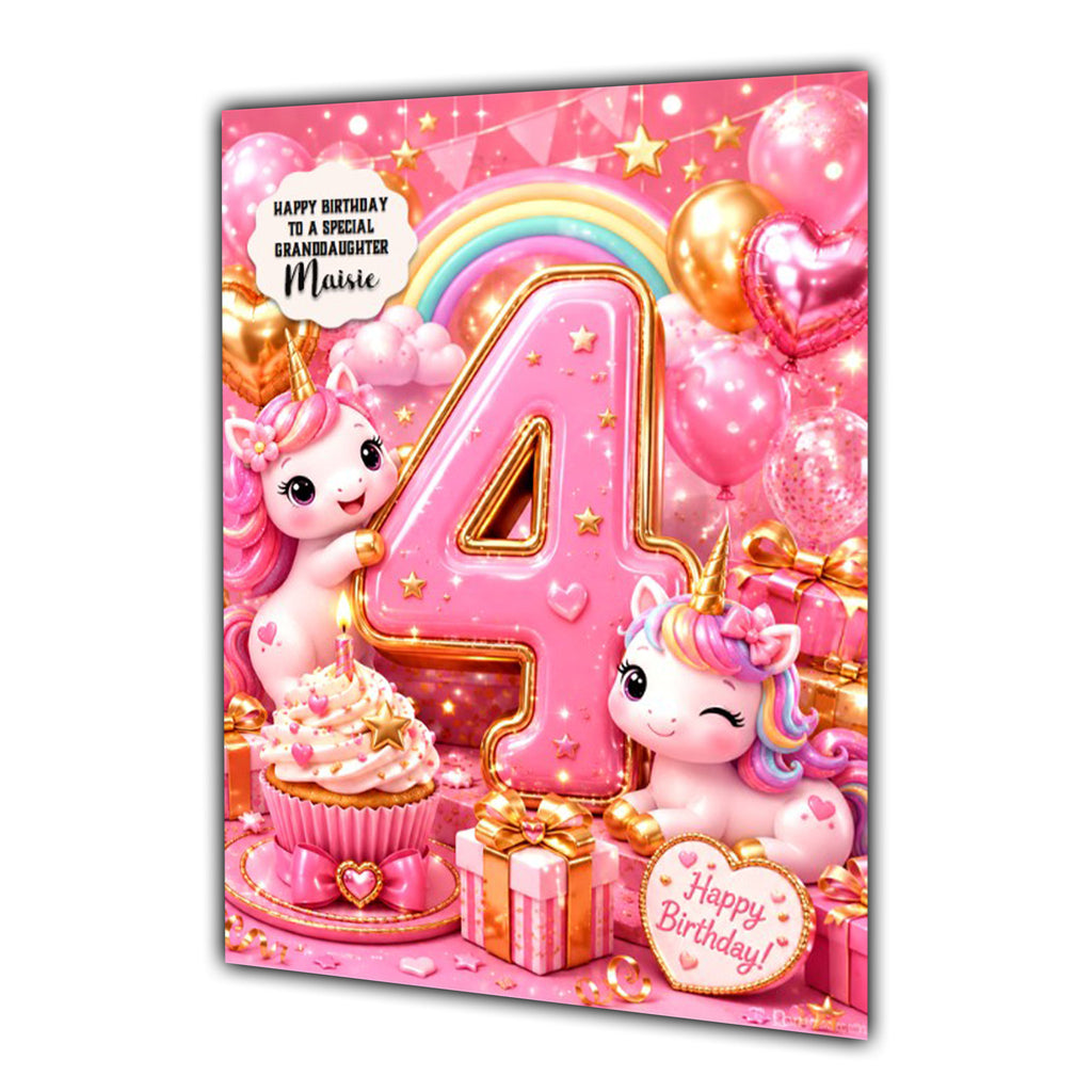 4th Birthday Card Unicorn Girl Granddaughter Daughter Niece Large A5 Size
