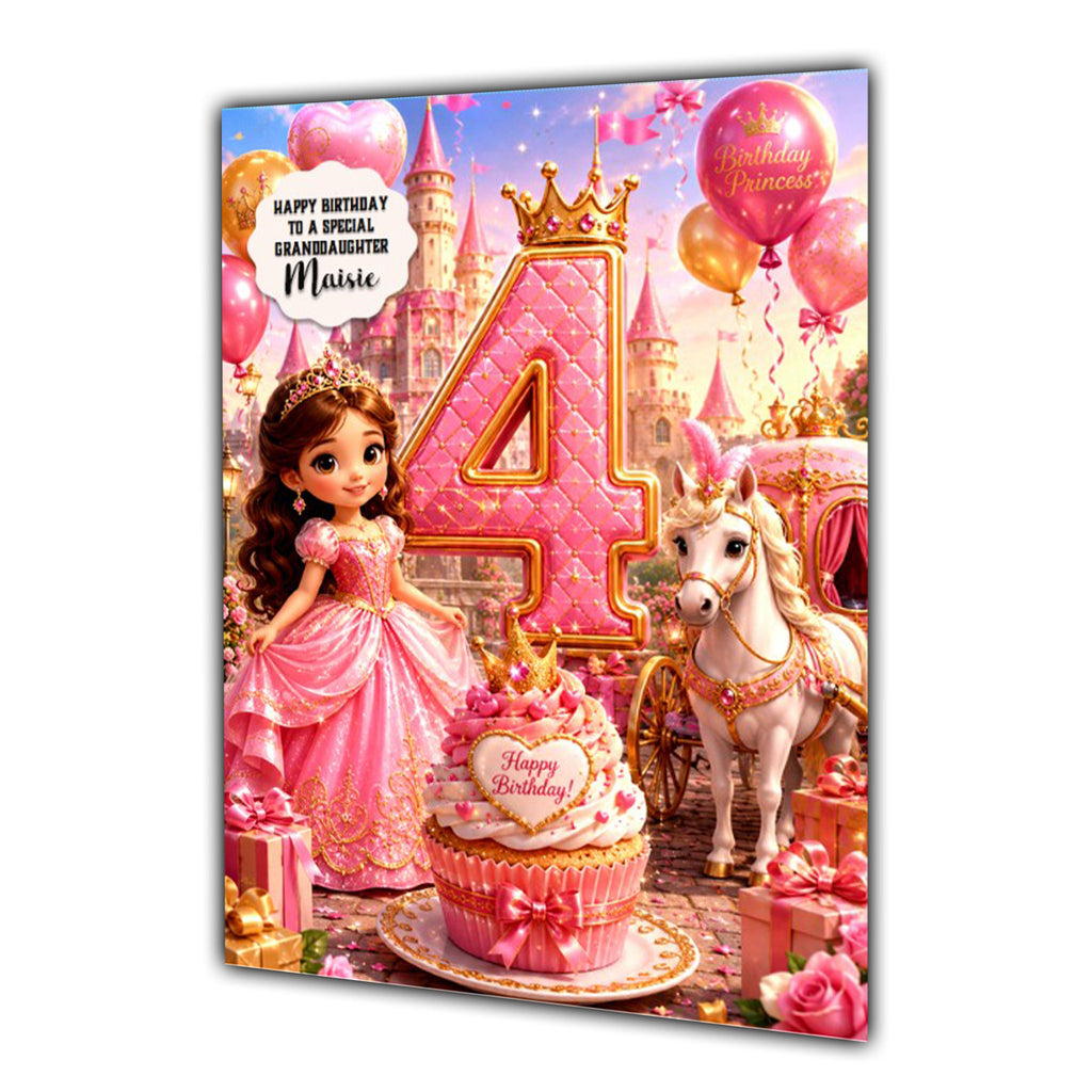 4th Birthday Card Princess Girl Granddaughter Daughter Niece Large A5 Size