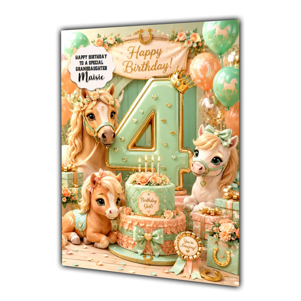 4th Birthday Card For Girls, Daughter, Granddaughter, Niece, Sister, Horse Pony Girl,