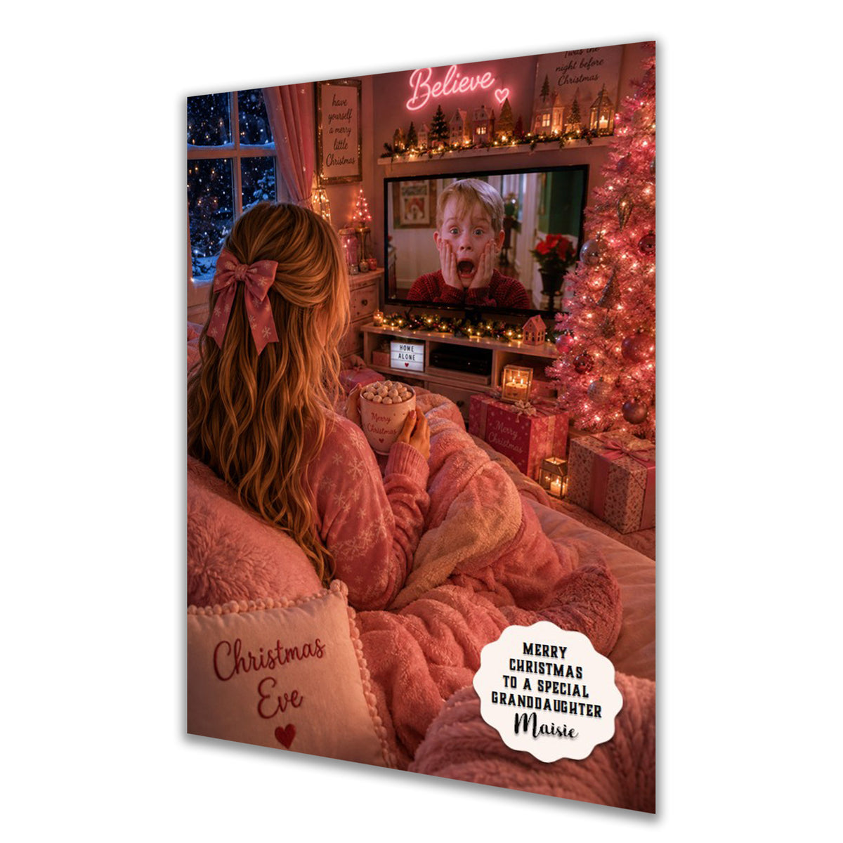 Personalised Christmas Card - Girl Watching a Christmas Film
