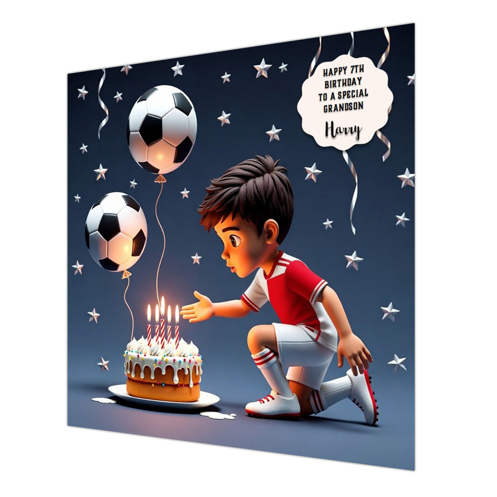 Personalised 7th Birthday Card - Boy Footballer with Birthday Cake