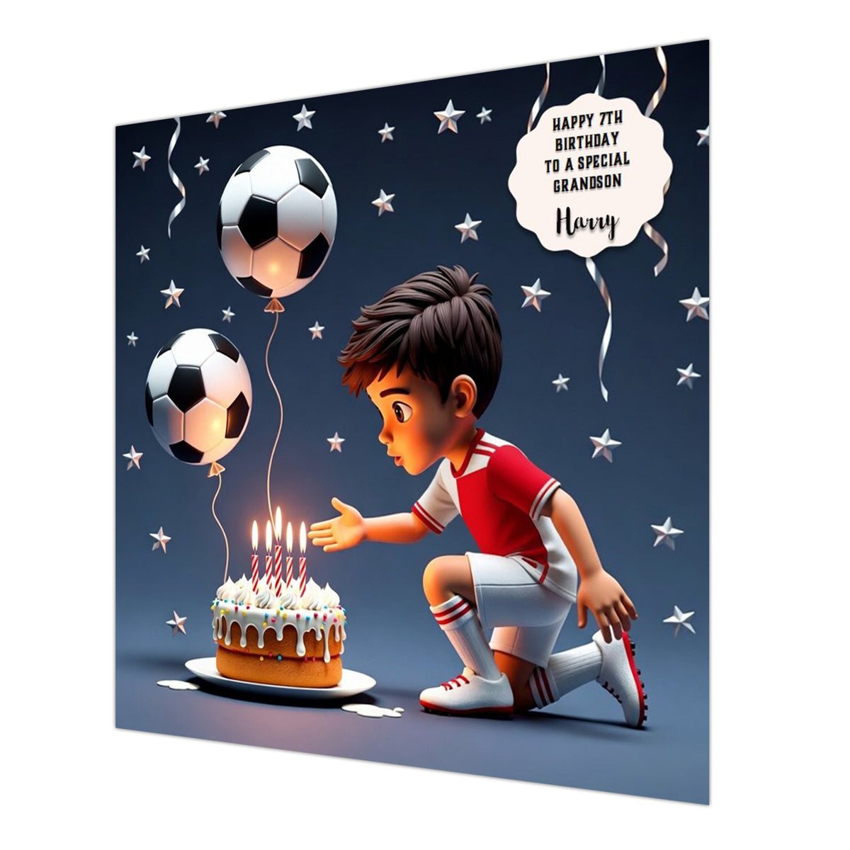 Personalised 7th Birthday Card - Boy Footballer with Birthday Cake