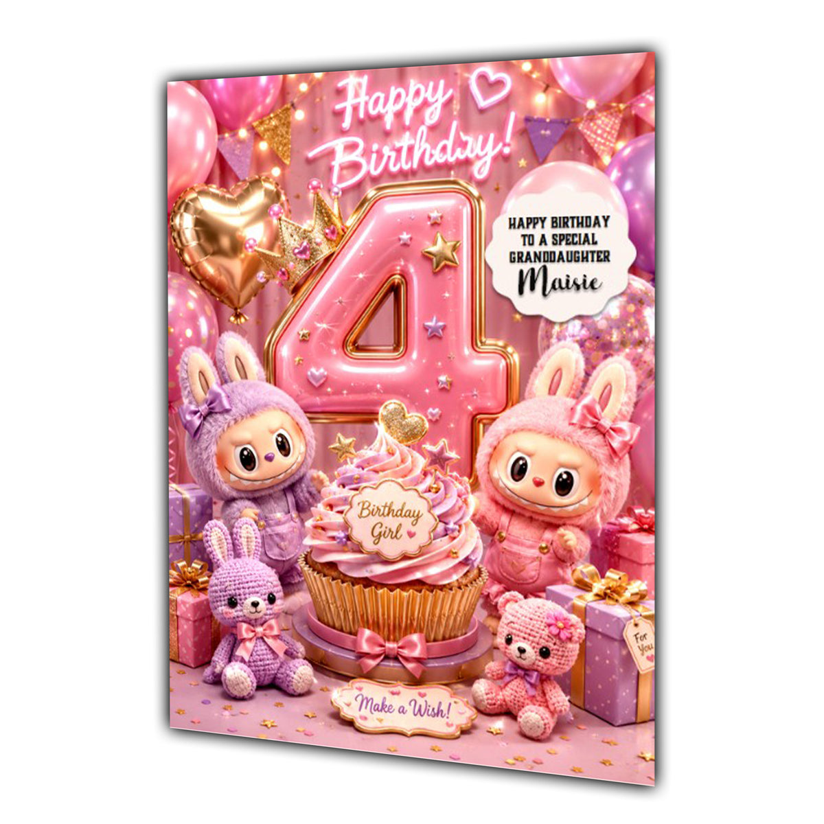 4th Birthday Card Plush Toy Girl Granddaughter Daughter Large A5 Size