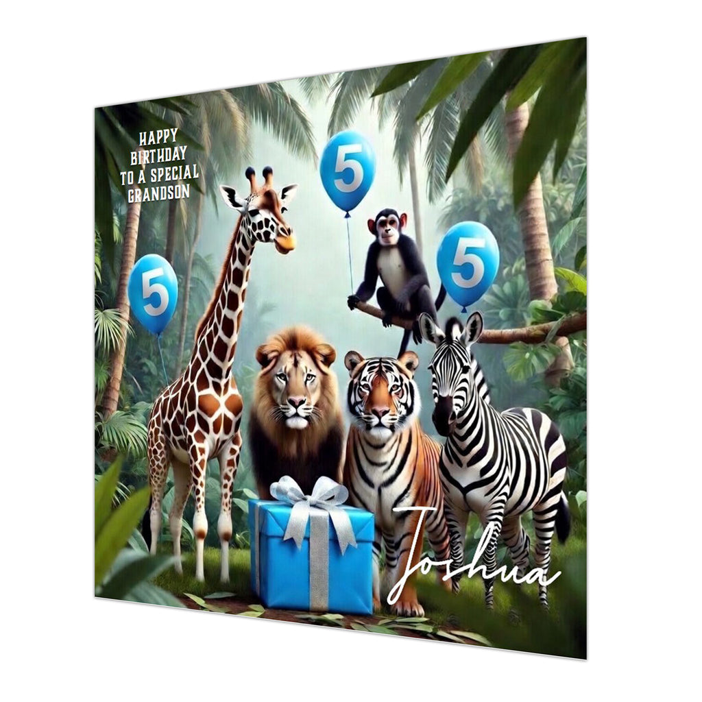 5th Birthday Card For Boys, Grandson, Son, Nephew, Brother, Jungle Safari Animals, Personalised