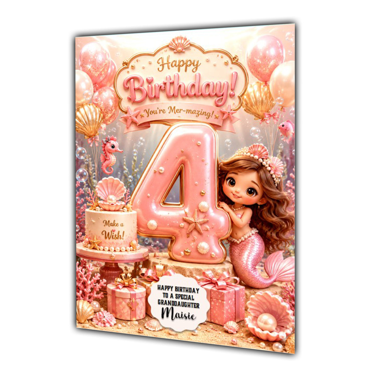 4th Birthday Card Mermaid Girl Granddaughter Daughter Large A5 Size